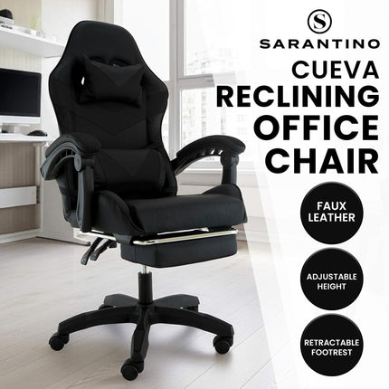 Sarantino Cueva Reclining High Back Office Gaming Chair Black Retractable Footrest Computer Seat.