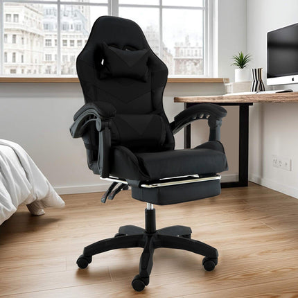 Sarantino Cueva Reclining High Back Office Gaming Chair Black Retractable Footrest Computer Seat.