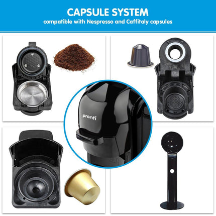 Pronti HomeMaid 3-in-1 Coffee Machine Multi-Capsule Pods and Ground Coffee Nespresso & Caffitaly Compatible CM-511HM.