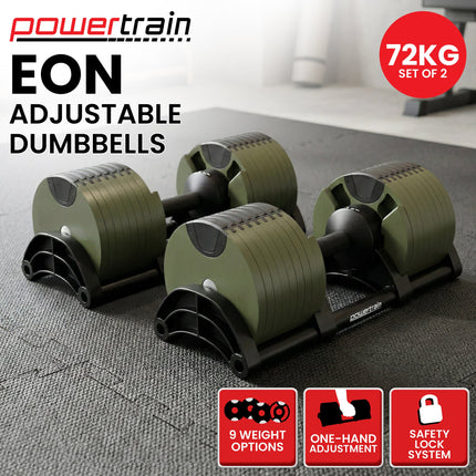 Powertrain Eon Dial-Up 72KG Adjustable Dumbbells Pair - Green.