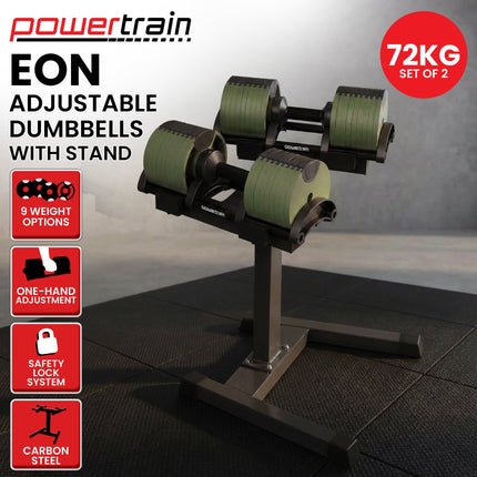 Powertrain Eon Dial-Up 72KG Adjustable Dumbbells Pair with Stand  - Green.