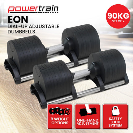 Powertrain Eon 90kg Adjustable Dumbbells Home Gym 9 Strength Training Safety Lock System Building & Fitness Workouts.