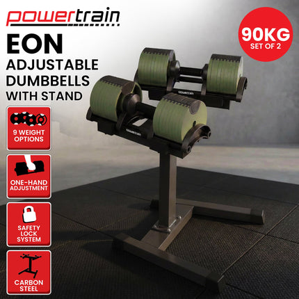 Powertrain Eon Dial-Up 90KG Adjustable Dumbbells Pair with Stand  - Green.