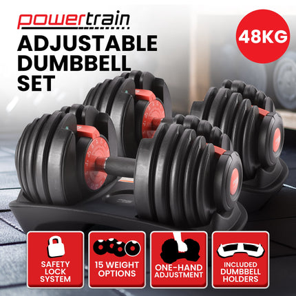 Powertrain 48kg Adjustable Dumbbells 15-in-1 Home Gym Weights – Red.