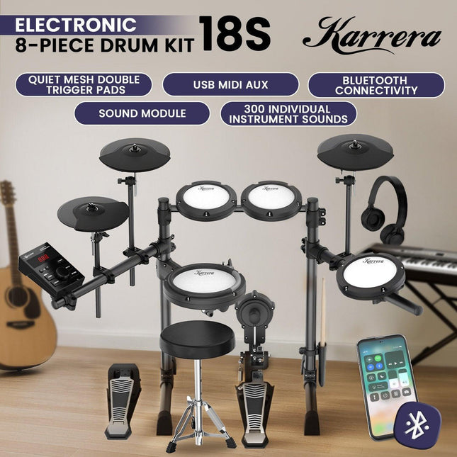 Karrera 18S Electronic Drum Kit Mesh Pads 8in Snare Bluetooth Sounds USB/MIDI Output Kick Pedals Drum Coach & Metronome.