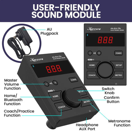 Karrera 18S Electronic Drum Kit Mesh Pads 8in Snare Bluetooth Sounds USB/MIDI Output Kick Pedals Drum Coach & Metronome.