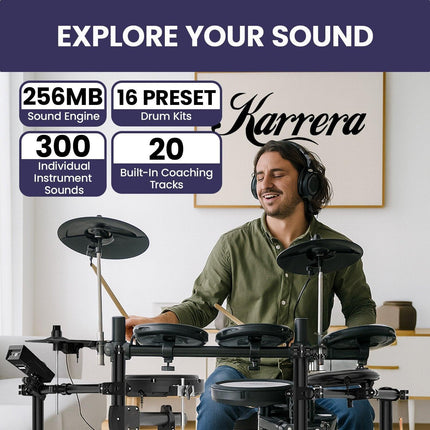 Karrera 18S Electronic Drum Kit Mesh Pads 8in Snare Bluetooth Sounds USB/MIDI Output Kick Pedals Drum Coach & Metronome.