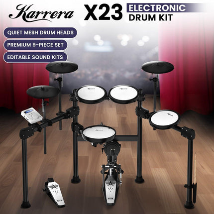 Karrera X23 Electronic Drum Kit with Sound Module, 3 Toms, Snare Quiet Mesh Drum Heads, Cymbals & Pedal.