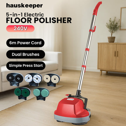 Klika Hauskeeper 5 in 1 Electric 240V Floor Polisher w/ 6M Power Cable Timber Hard Waxer Buffer Cleaner Red.