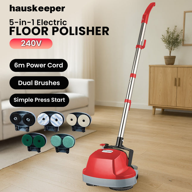 Klika Hauskeeper 5 in 1 Electric 240V Floor Polisher w/ 6M Power Cable Timber Hard Waxer Buffer Cleaner Red.