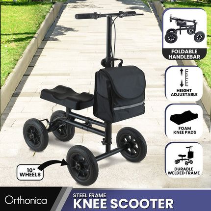 Orthonica Mobility Steel Knee Scooter Walker Steerable Ergonomic Foldable Scooter 10-inch Wheels Height Adjustable Steel Frame 136kg Weight Capacity.