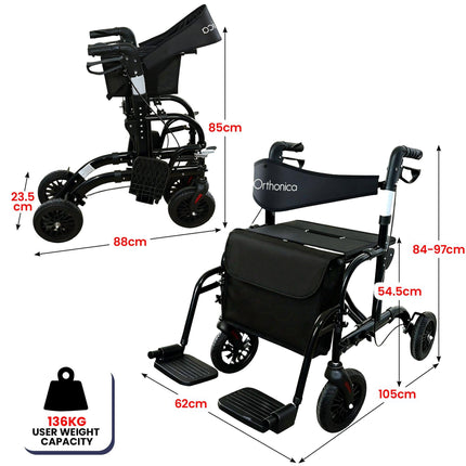 Orthonica Aluminium 2-in-1 Rollator Wheelchair with Foldable Frame – Black & Silver.