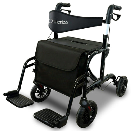 Orthonica Aluminium 2-in-1 Rollator Wheelchair with Foldable Frame – Black & Silver.