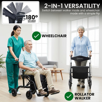 Orthonica Aluminium 2-in-1 Rollator Wheelchair with Foldable Frame – Black & Silver.