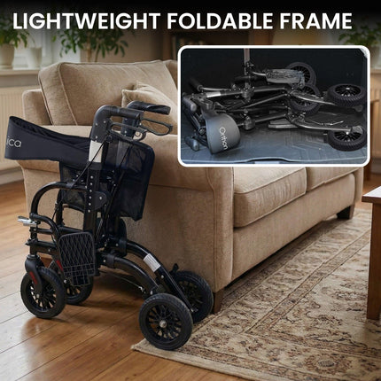 Orthonica Aluminium 2-in-1 Rollator Wheelchair with Foldable Frame – Black & Silver.