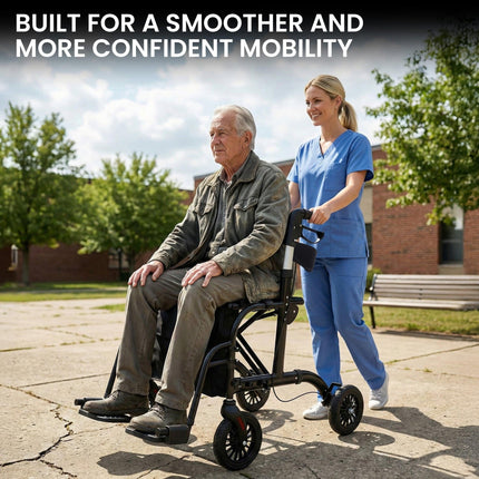 Orthonica Aluminium 2-in-1 Rollator Wheelchair with Foldable Frame – Black & Silver.