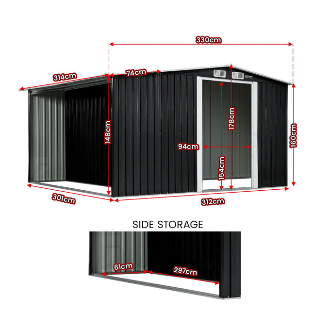 Wallaroo Garden Shed with Semi-Closed Storage 10*8FT - Black.
