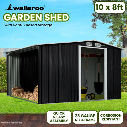 Wallaroo Garden Shed with Semi-Closed Storage 10*8FT - Black.