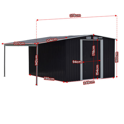Wallaroo 6x8ft Zinc Steel Garden Shed with Open Storage - Black.