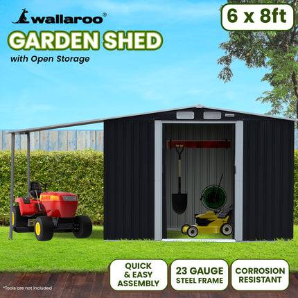 Wallaroo 6x8ft Zinc Steel Garden Shed with Open Storage - Black.