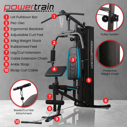 Powertrain JX-300 Multi Station Home Gym 44kg Weight Stack Cable Machine, Curl Pad Leg Extension and Pull-down Bar.