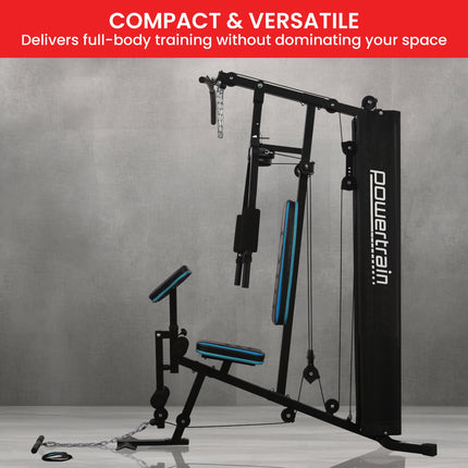 Powertrain JX-300 Multi Station Home Gym 44kg Weight Stack Cable Machine, Curl Pad Leg Extension and Pull-down Bar.