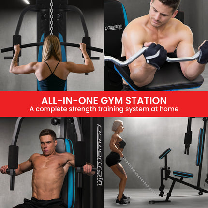 Powertrain JX-300 Multi Station Home Gym 44kg Weight Stack Cable Machine, Curl Pad Leg Extension and Pull-down Bar.