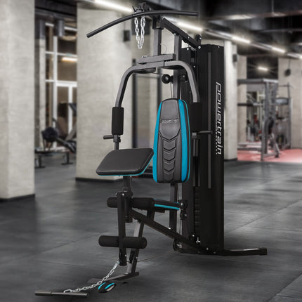 Powertrain JX-300 Multi Station Home Gym 44kg Weight Stack Cable Machine, Curl Pad Leg Extension and Pull-down Bar.