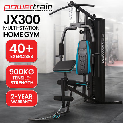 Powertrain JX-300 Multi Station Home Gym 44kg Weight Stack Cable Machine, Curl Pad Leg Extension and Pull-down Bar.