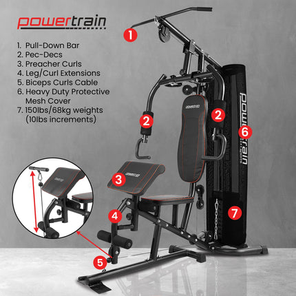 Powertrain Multi Station Home Gym With 68kg Weights Preacher Curl Pad.