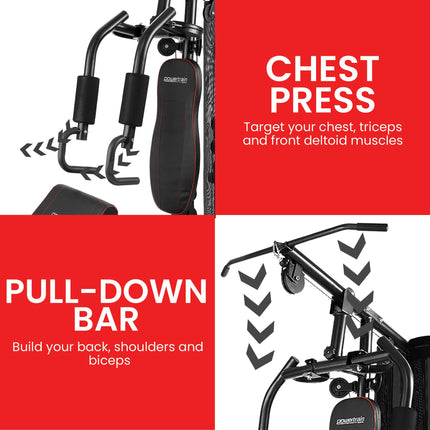 Powertrain Multi Station Home Gym With 68kg Weights Preacher Curl Pad.
