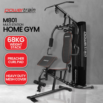 Powertrain Multi Station Home Gym With 68kg Weights Preacher Curl Pad.