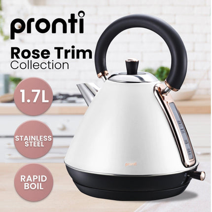 Pronti Breakfast Set with Rose Gold Kettle & Toaster with 1.2L Espresso Machine - White.