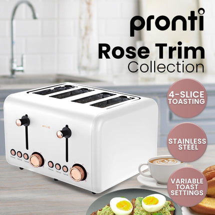 Pronti Breakfast Set with Rose Gold Kettle & Toaster with 1.2L Espresso Machine - White.
