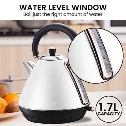 Pronti Breakfast Set with Rose Gold Kettle & Toaster with 1.2L Espresso Machine - White.