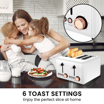 Pronti Breakfast Set with Rose Gold Kettle & Toaster with 1.2L Espresso Machine - White.