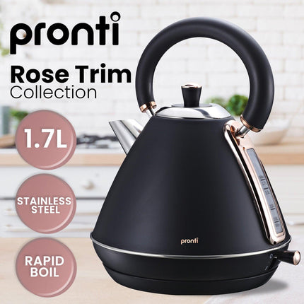 Pronti 1.7L Rose Trim Collection Kettle - Black.