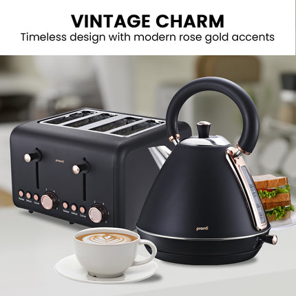 Pronti Rose Trim Collection Toaster & Kettle Bundle - Black.