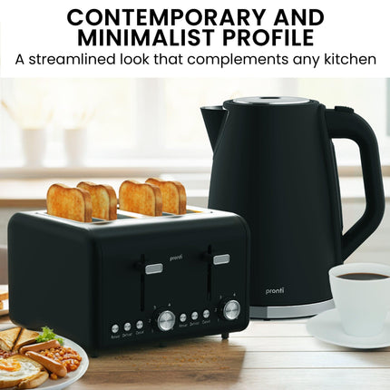 Pronti Silver Noir Collection 4 Slice Toaster and Kettle Bundle.