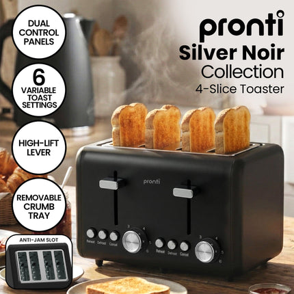 Pronti Silver Noir Collection 4 Slice Toaster and Kettle Bundle.