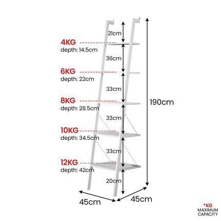 Sarantino Amelia 5-Tier Ladder Shelf in White.