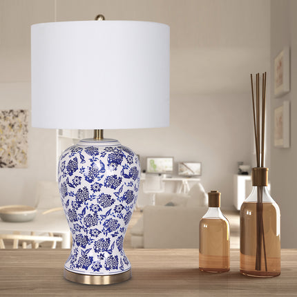 Sarantino Table Lamp Ceramic Floral Base Cotton Drum Shade.