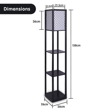 Sarantino Etagere Floor Lamp Diamond Look Fabric Shade Shelves Black.