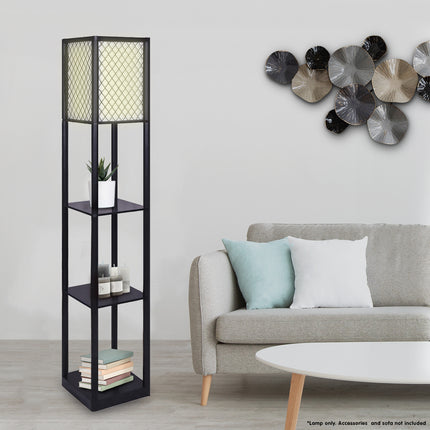 Sarantino Etagere Floor Lamp Diamond Look Fabric Shade Shelves Black.