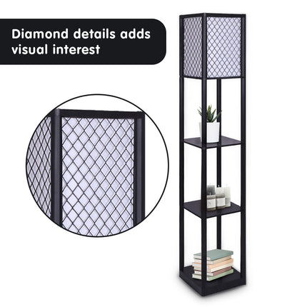 Sarantino Etagere Floor Lamp Diamond Look Fabric Shade Shelves Black.