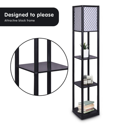 Sarantino Etagere Floor Lamp Diamond Look Fabric Shade Shelves Black.