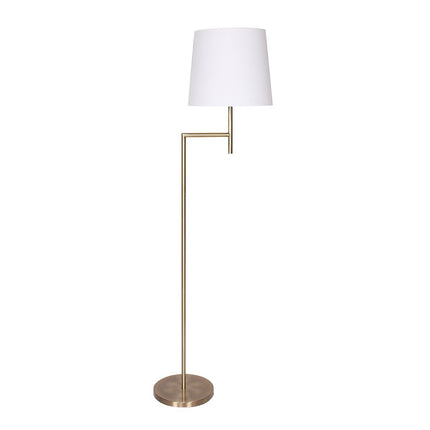 Sarantino Metal Floor Lamp in Antique Brass Finish with Cream Linen Fabric Shade.