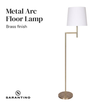 Sarantino Metal Floor Lamp in Antique Brass Finish with Cream Linen Fabric Shade.