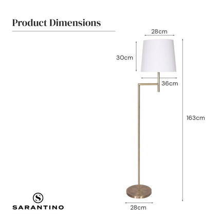 Sarantino Metal Floor Lamp in Antique Brass Finish with Cream Linen Fabric Shade.