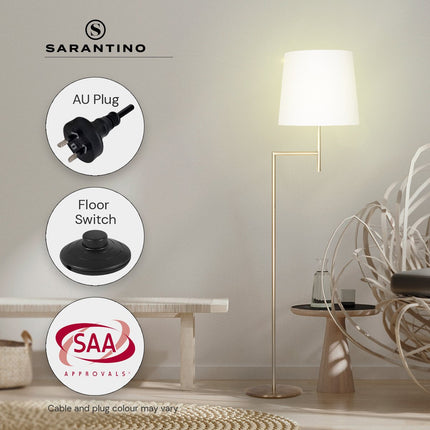 Sarantino Metal Floor Lamp in Antique Brass Finish with Cream Linen Fabric Shade.
